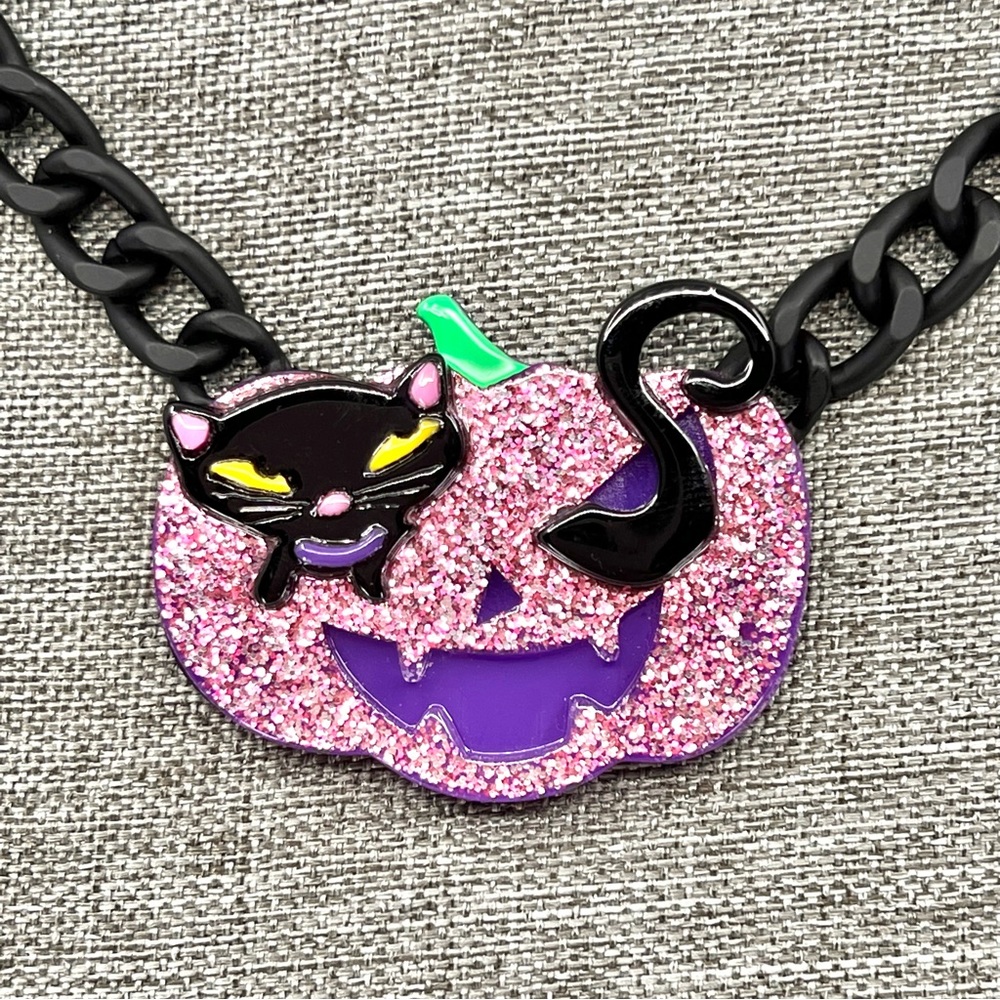 Betsey Johnson ‘Punk n Spice’ Cat & Pink Glitter Pumpkin Necklace NWT/HTF!